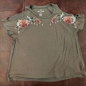 American Eagle Outfitters Floral Embroidered Cold Shoulder Top - Olive